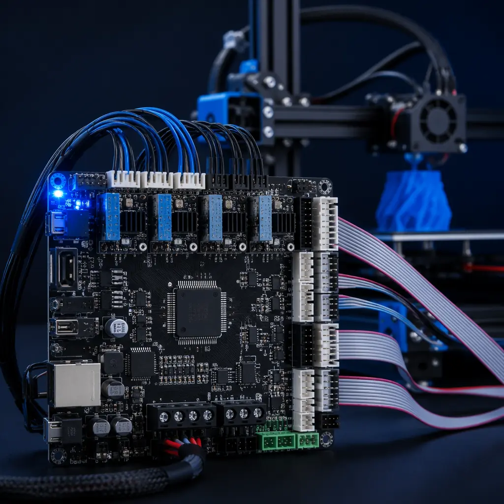 32-bit 3D printer motherboard with integrated TMC2209 drivers, STM32 processor visible, multiple fan headers and thermistor connectors, modern PCB design with silkscreen labels