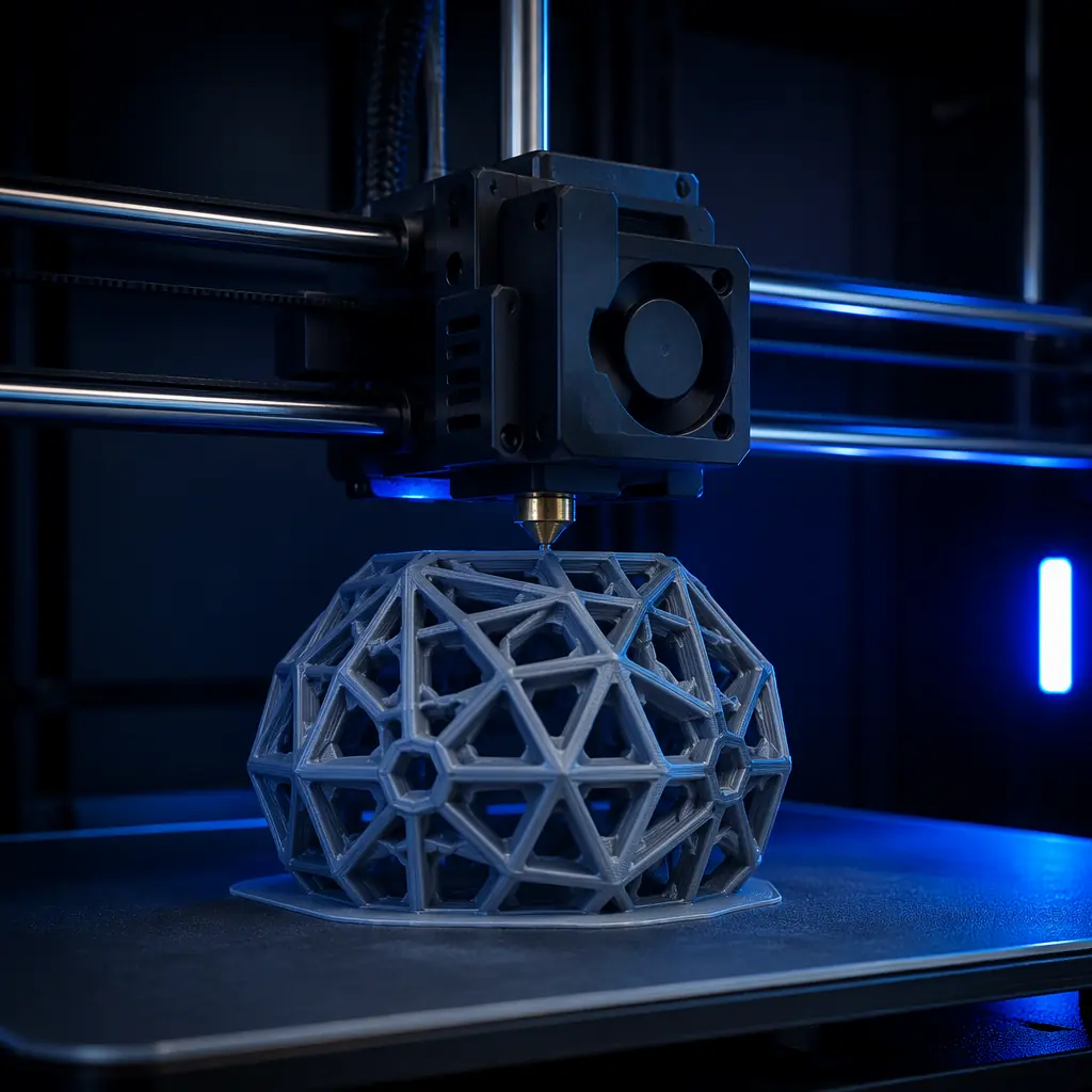 3D printer in operation printing a complex geometric model, close-up of print head moving smoothly over build plate, pristine first layer visible, modern printer in dimly lit studio setting