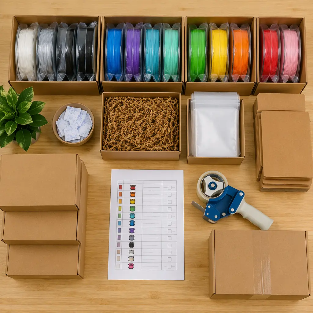 Professional product photo of neatly arranged 3D printer filament spools in various colors and materials (PLA, PETG, TPU) on wooden shelving, with a subscription box packaging visible in the foreground, warm studio lighting