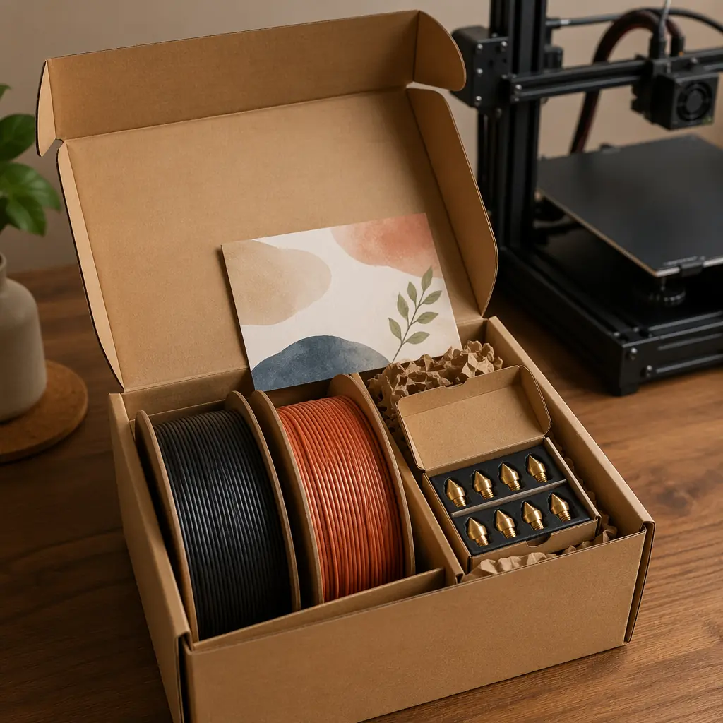 Overhead view of organized fulfillment station with labeled filament spools in bins by color, packing materials, shipping boxes, and a printed subscription pick list on a clean wooden table, bright overhead lighting