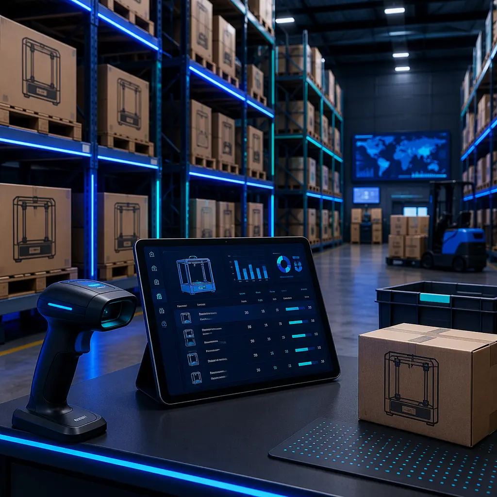 3D printer assembly line in factory, technicians assembling printer frames, rows of partially assembled CoreXY machines visible, Shenzhen manufacturing photography with blue accent lighting