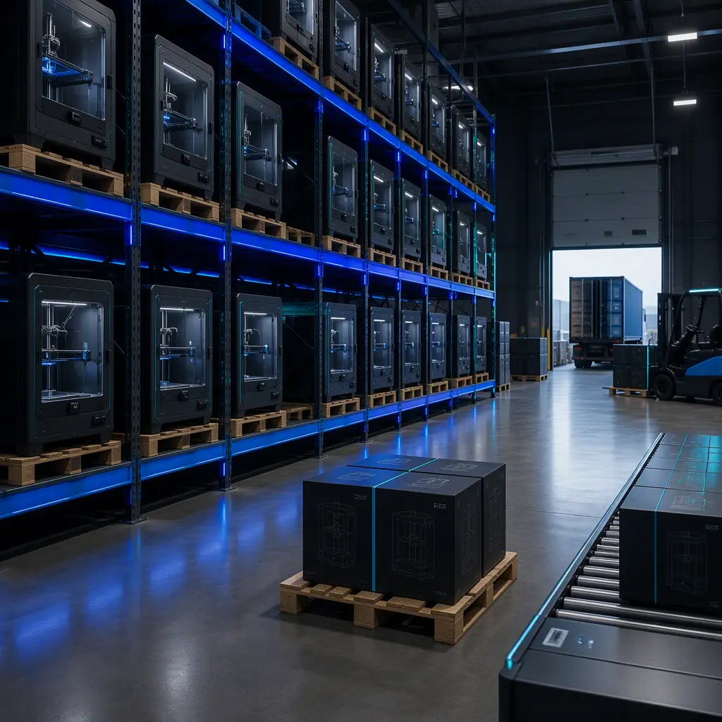 3D printer warehouse with pallet racks, barcode scanner on workstation, inventory management tablet showing stock levels, organized distribution center with blue accent lighting