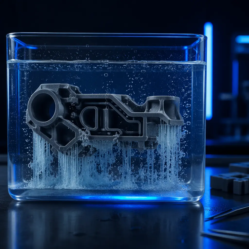 3D printed complex geometric part submerged in water bath, PVA support material dissolving with visible bubbles, clear container, workshop lighting