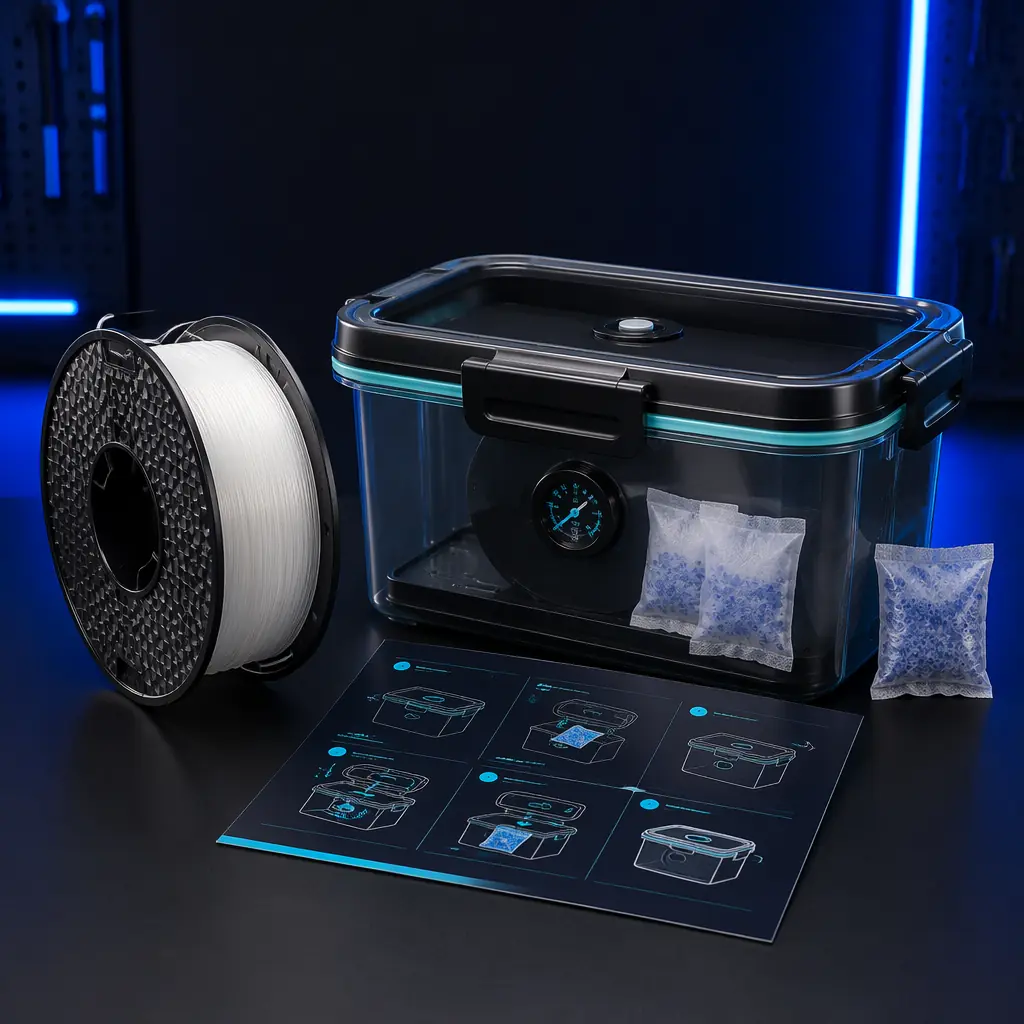3D printer distributor starter pack bundle: PVA spool, vacuum storage container, desiccant, and printed guide card, arranged on dark surface, studio product photography lighting