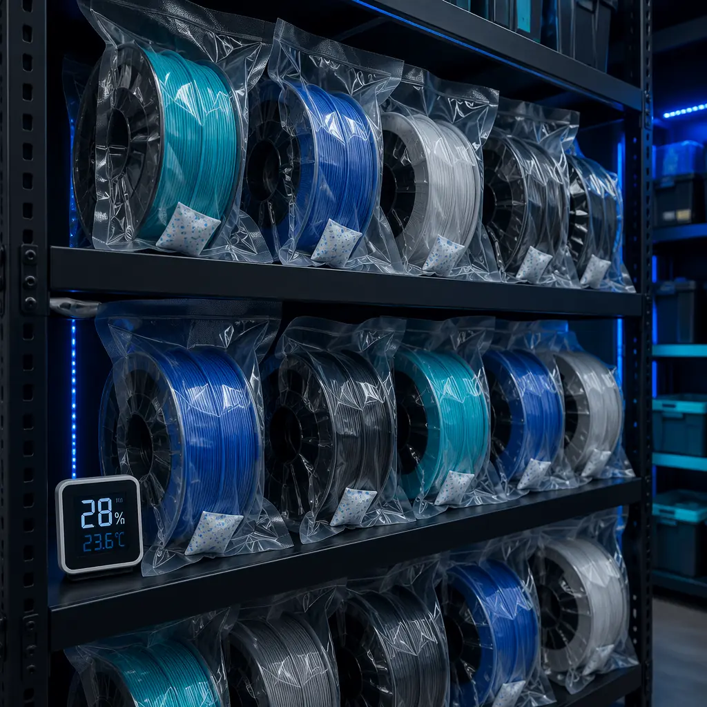 Vacuum-sealed PVA filament spools in distributor warehouse, desiccant packs visible through transparent packaging, organized shelving with humidity monitor, clean industrial storage environment