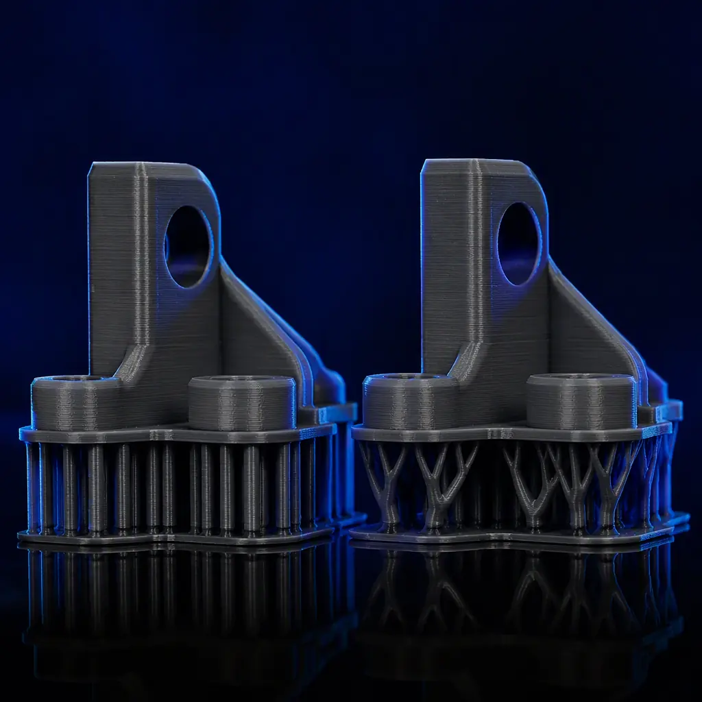 Two 3D printed test parts on dark surface, one with dense vertical column supports attached, one with branching tree supports attached, visible layer lines