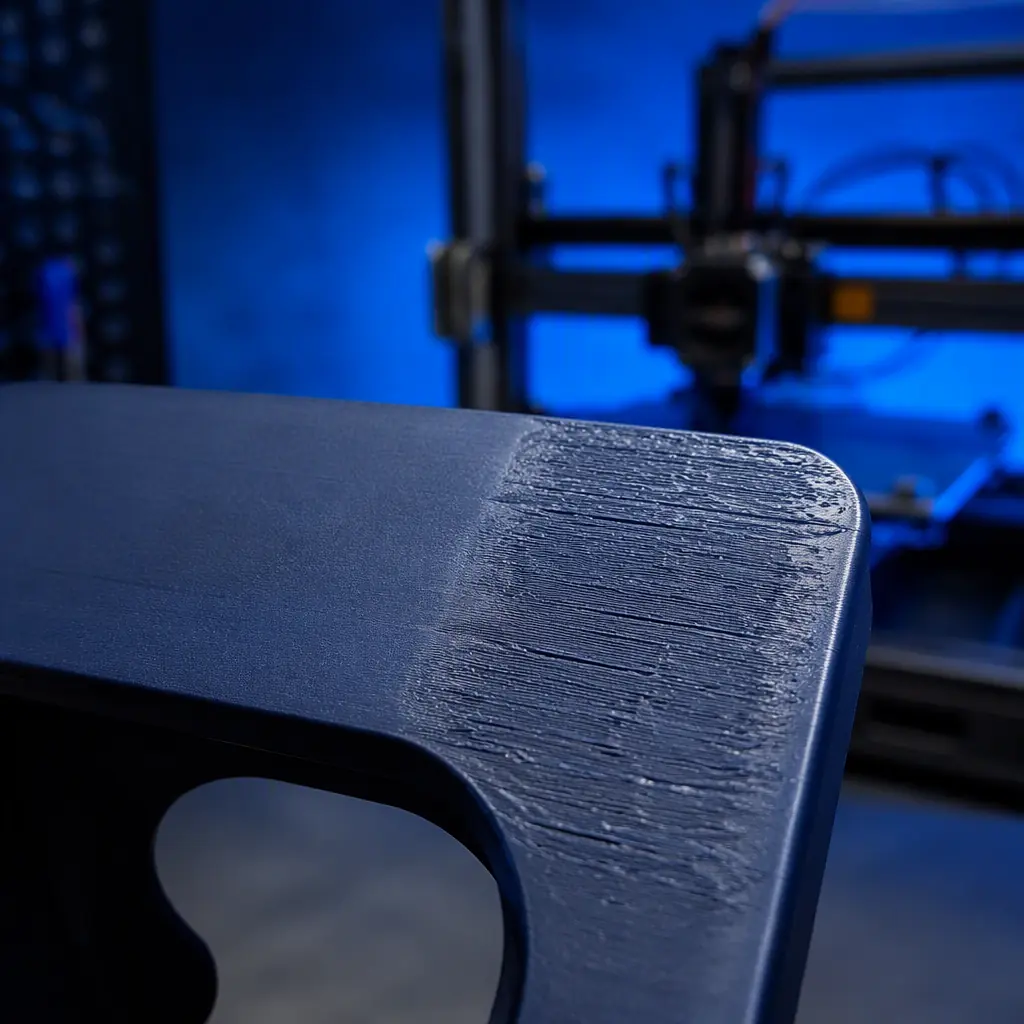 Macro close-up of 3D printed overhang surface with clean smooth interface on one side and support scar marks on the other