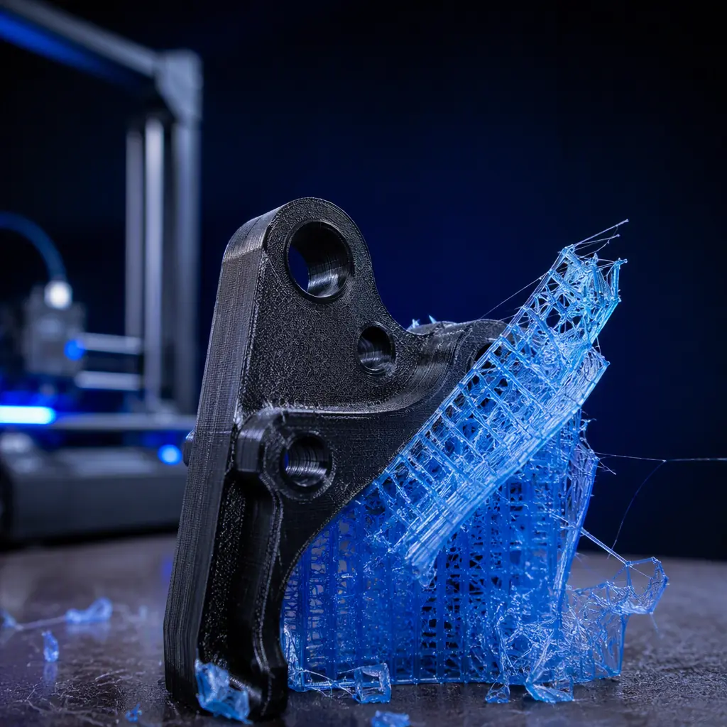 Translucent blue support material being peeled from a printed part, filament strands catching the light, workbench with 3D printer in soft-focus background