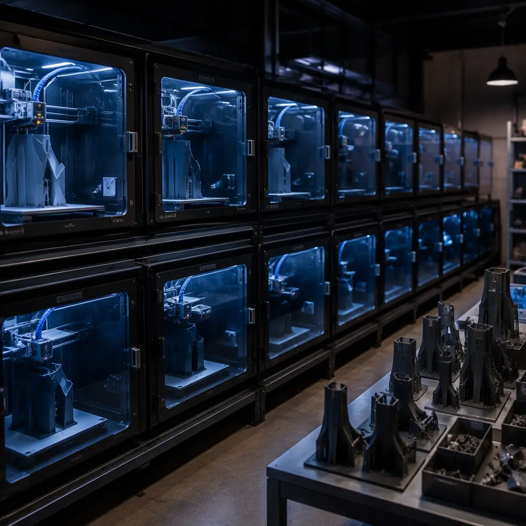 Rows of enclosed CoreXY 3D printers operating in a small print farm, LED-lit print chambers, finished parts on collection table