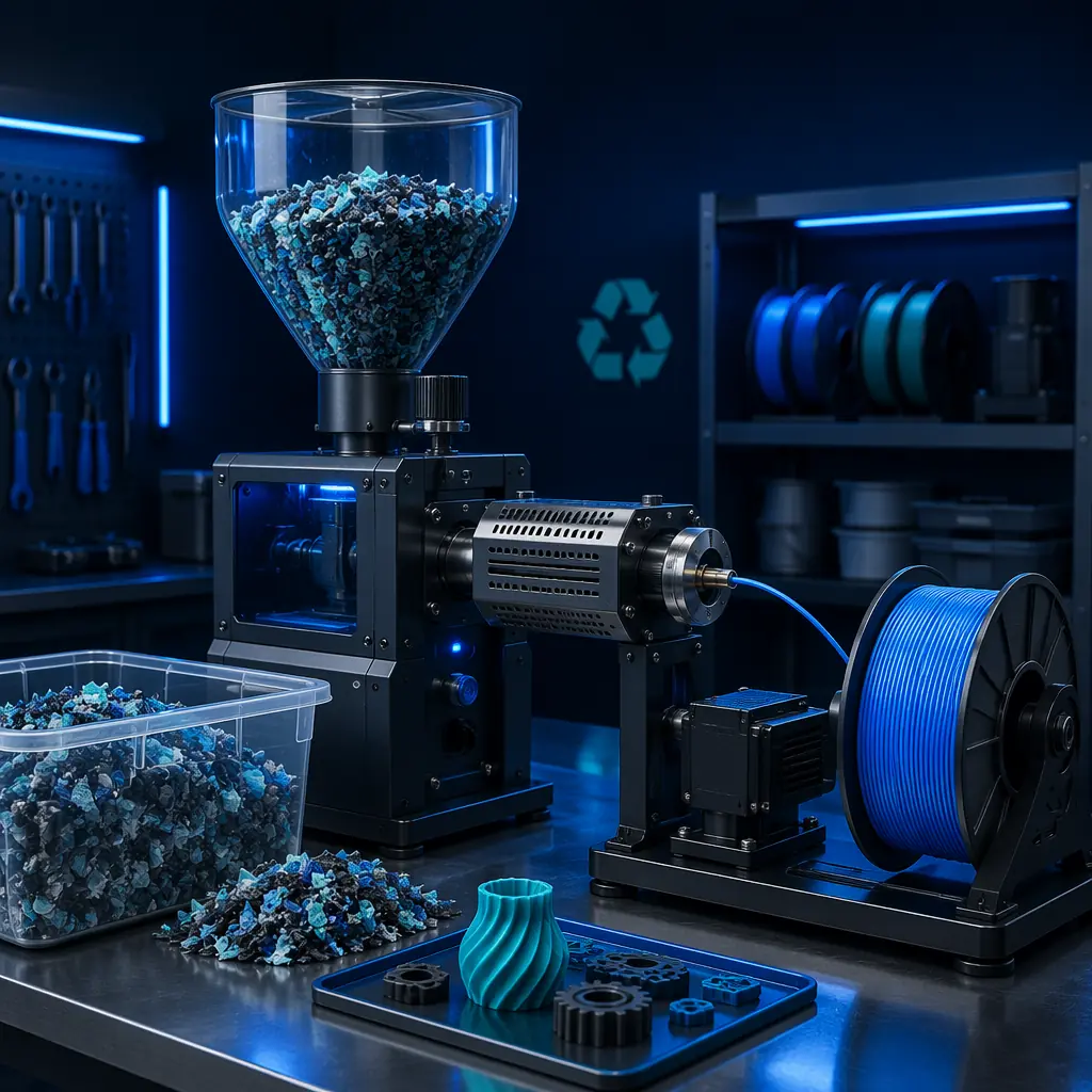 Close-up of biodegradable PHA and wood-filled PLA filament spools alongside 3D printed objects showing natural matte finish and wood-like texture
