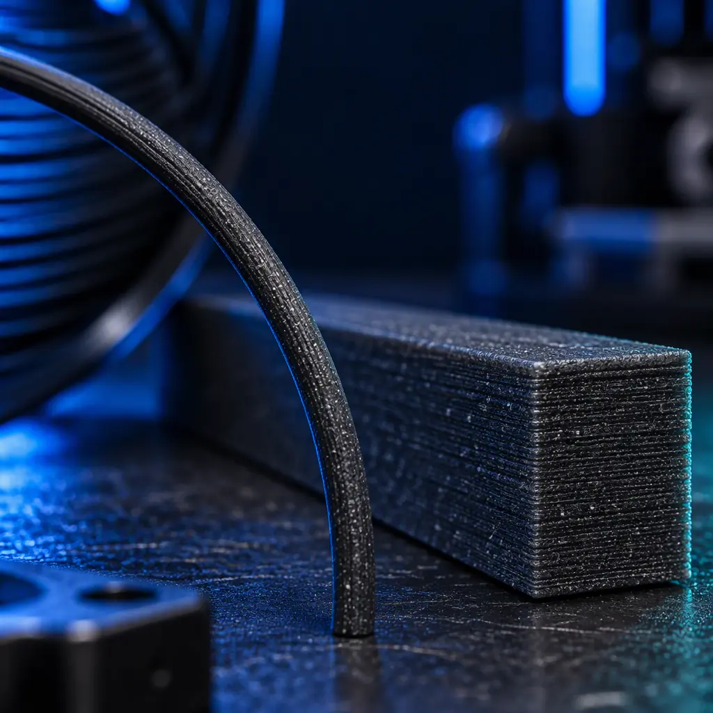 Close-up of engineering filament spools and a resin bottle with printed test coupons on a dark laboratory bench, blue accent lighting, compliance documentation theme