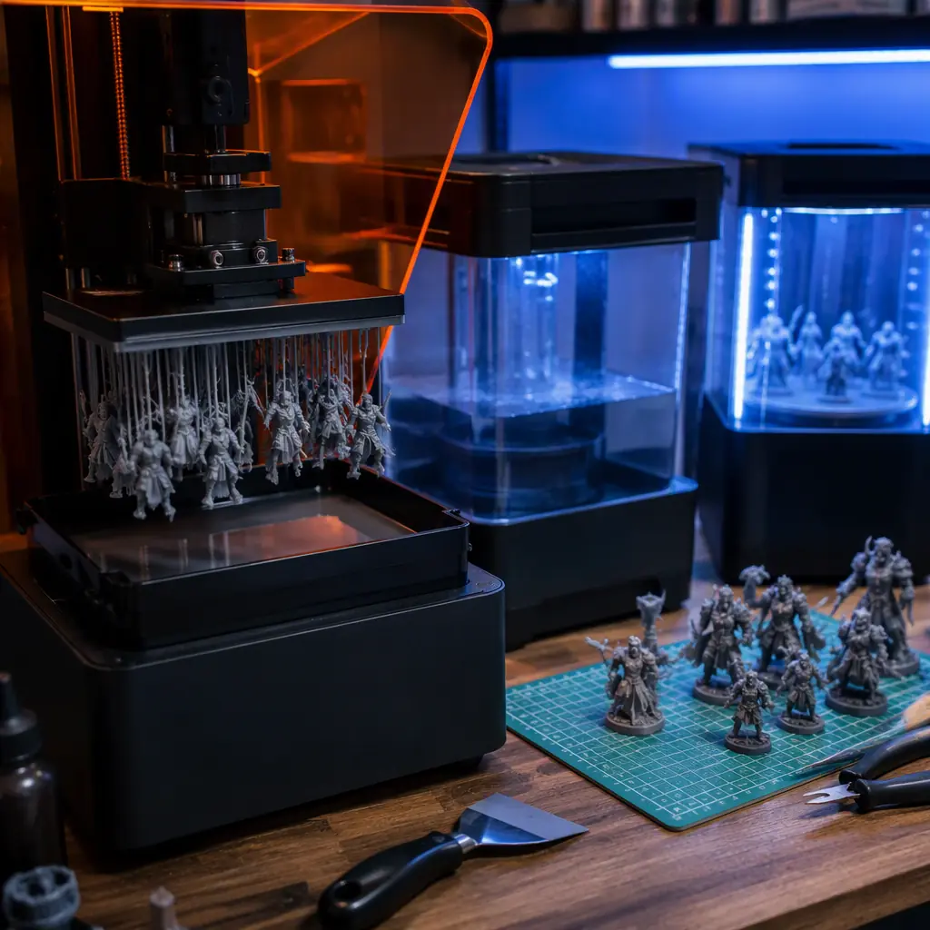 Resin 3D printer with amber UV cover printing tabletop miniature figures on a build plate in a hobby workshop, wash and cure stations beside it