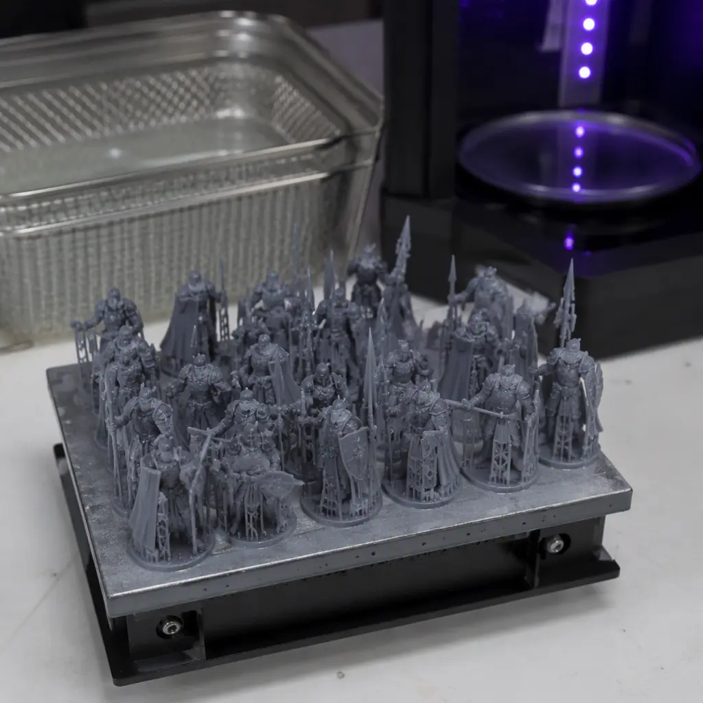 Newly printed unpainted tabletop miniature figures on a build plate after resin printing, wash basket and cure station turntable visible in workshop