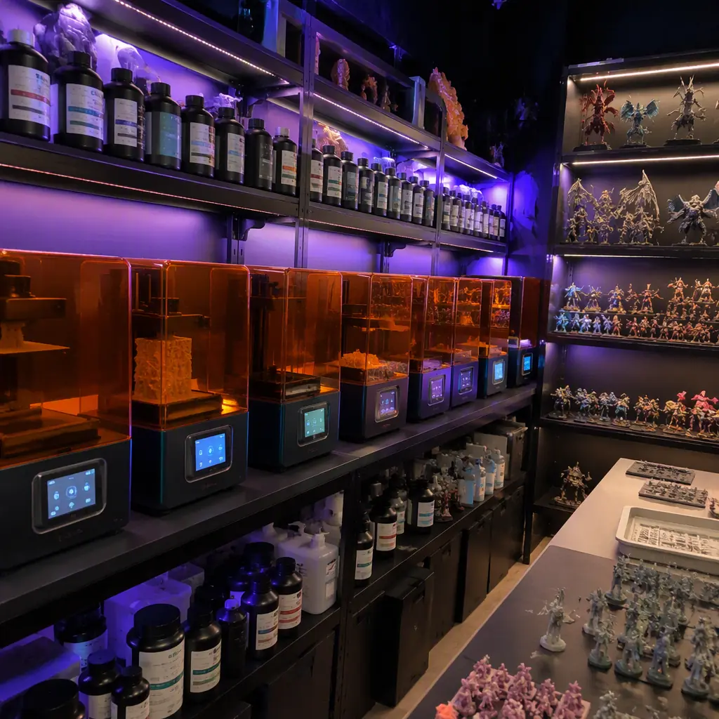 Game club print-on-demand station with multiple resin printers running, shelves of resin bottles and finished painted miniatures on display
