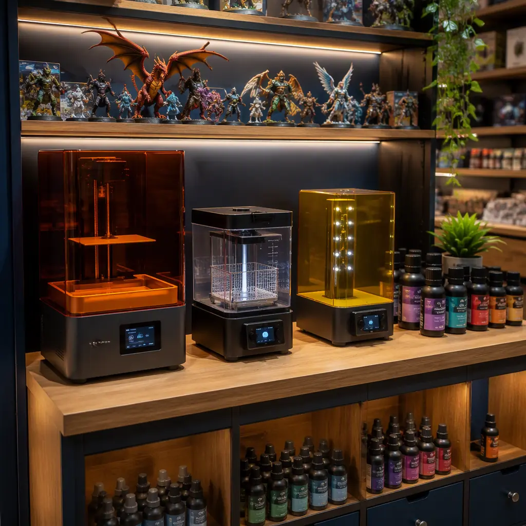 Shelf display in a game shop with resin printer, wash and cure station, and colorful bottles of resin, finished painted miniatures on display shelf above