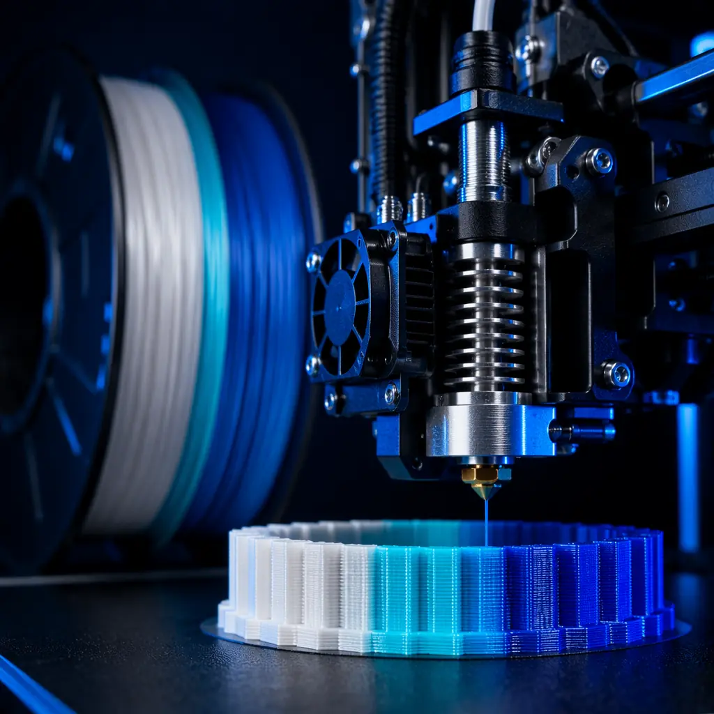 3D printer displayed at trade show booth, product brochure and ROI comparison sheet on table, distributor discussing with business customer, professional exhibition lighting
