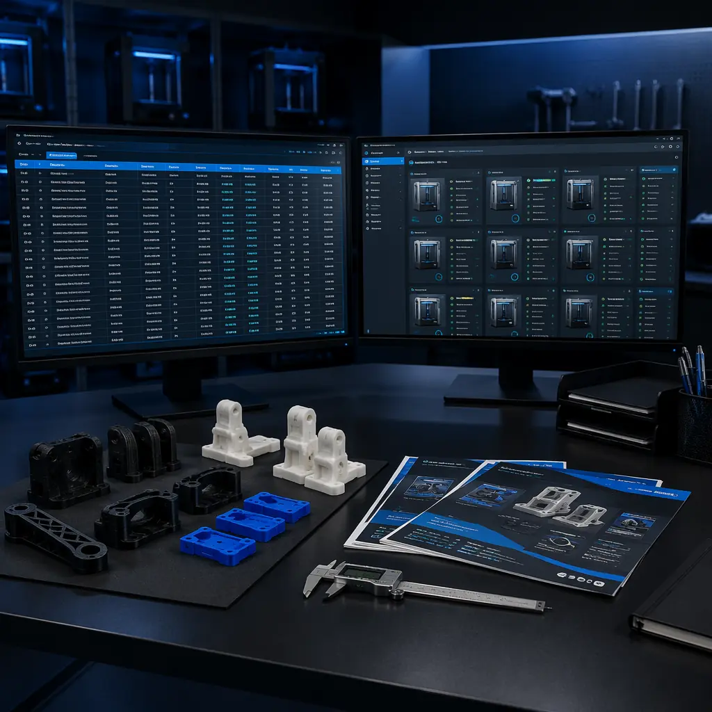 Rows of identical 3D printers operating in print farm, LED-lit print chambers, finished parts collection area with organized bins, production tracking dashboard on wall-mounted monitor