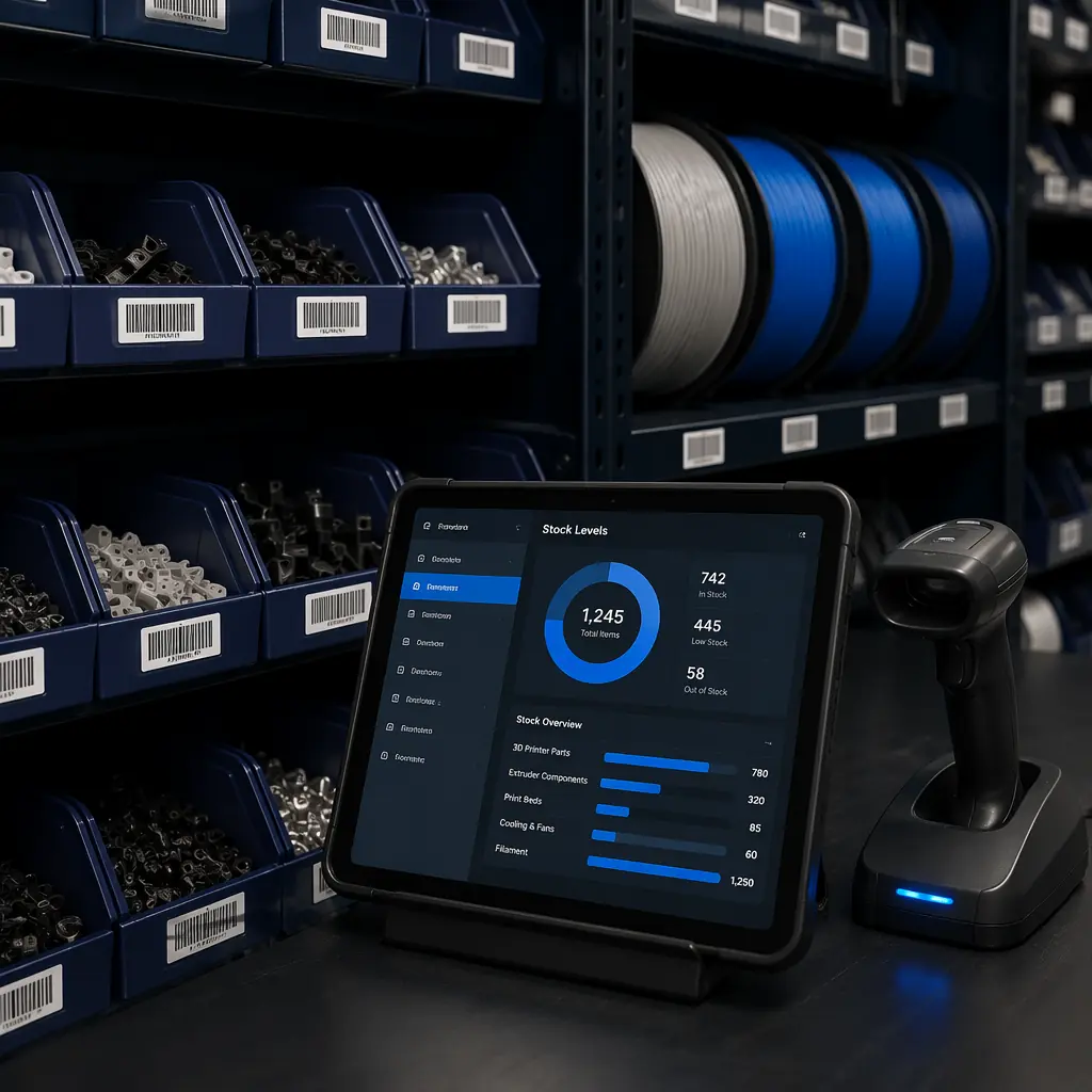 Professional office with dual monitors displaying ERP dashboard with inventory metrics and financial charts, 3D printer sample parts on desk, modern distribution office environment with clean tech-forward aesthetic