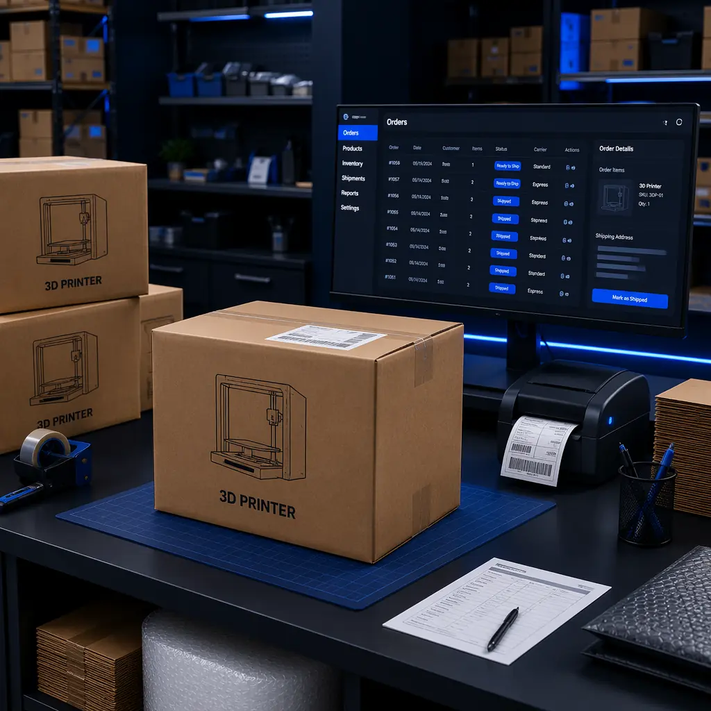 3D printer warehouse shelves with organized filament spools by material type and color, barcode labels visible on printer boxes, tablet with inventory management app on picking cart, clean industrial storage environment