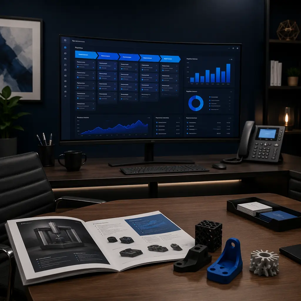 Automation dashboard on large monitor showing workflow status with green active pipelines, integration connectors between ERP-CRM-ecommerce, real-time order processing metrics, modern distribution operations center