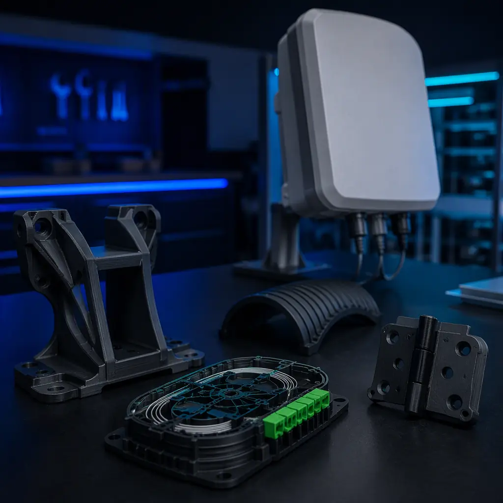 3D printed telecom parts on a field service workbench: ASA antenna mounting bracket, fiber splice tray, radome stiffener, and outdoor enclosure hinge, small cell antenna unit in background, network equipment workshop lighting