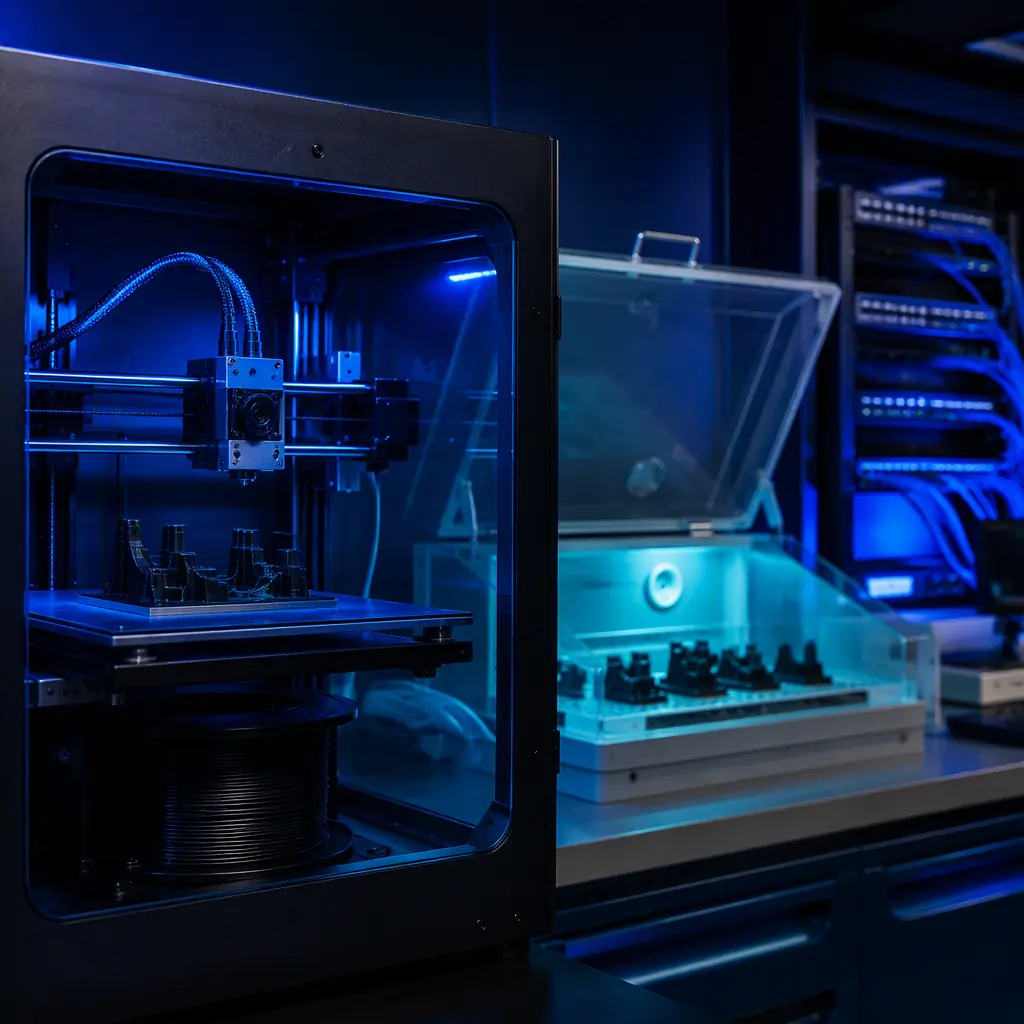 Macro close-up of ASA antenna mounting bracket being printed on an enclosed 3D printer, UV-stable filament spool visible, salt-fog test chamber with sample brackets in the background, network equipment lab setting