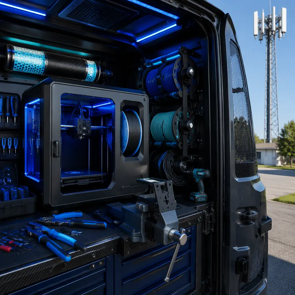 Compact enclosed 3D printer with carbon filter in the back of a telecom service truck, ASA filament spool mounted, printed antenna bracket clamped in a bench vise, network tools and cable reels around, field service setting with daylight