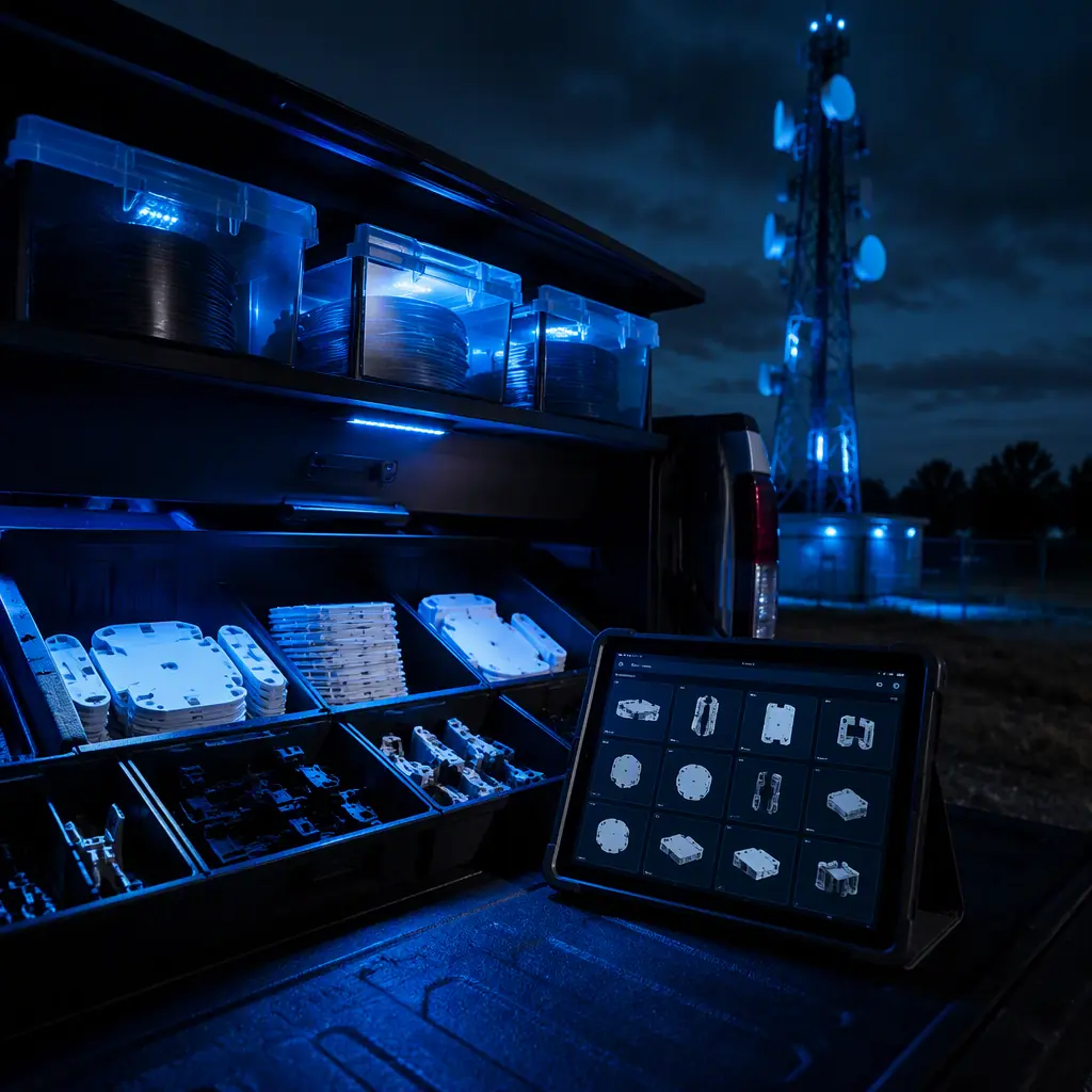 Digital parts library on a tablet next to a service truck, labeled bins of 3D printed ASA brackets and splice trays, filament spools in dry boxes on the truck shelf, telecom tower visible through the truck window, field service setting