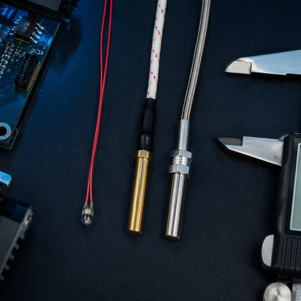Three temperature sensor types on dark surface with caliper for scale — glass bead NTC thermistor with thin wire leads, cartridge-style thermistor in brass housing, and PT100 RTD probe with stainless steel sheath, macro photography showing component detail, electronics workbench setting