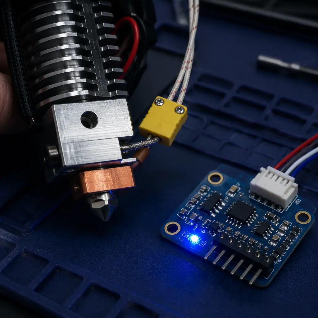 Close-up of Type-K thermocouple installed in 3D printer hotend, yellow connector visible, amplifier board with MAX31855 chip next to it on anti-static mat, high-temperature hotend assembly with copper heater block, industrial lighting