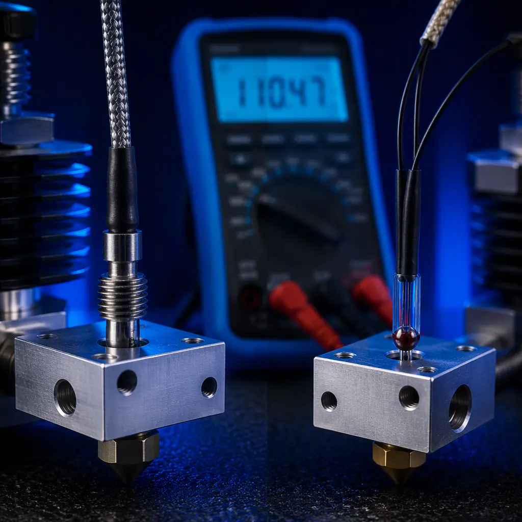 PT100 RTD probe with M3 threaded mount installed in 3D printer hotend aluminum block, stainless steel sheath visible, high-temperature silicone wire leads with braided sleeve, side-by-side comparison with glass bead thermistor on anti-static mat, electronics bench with multimeter in background