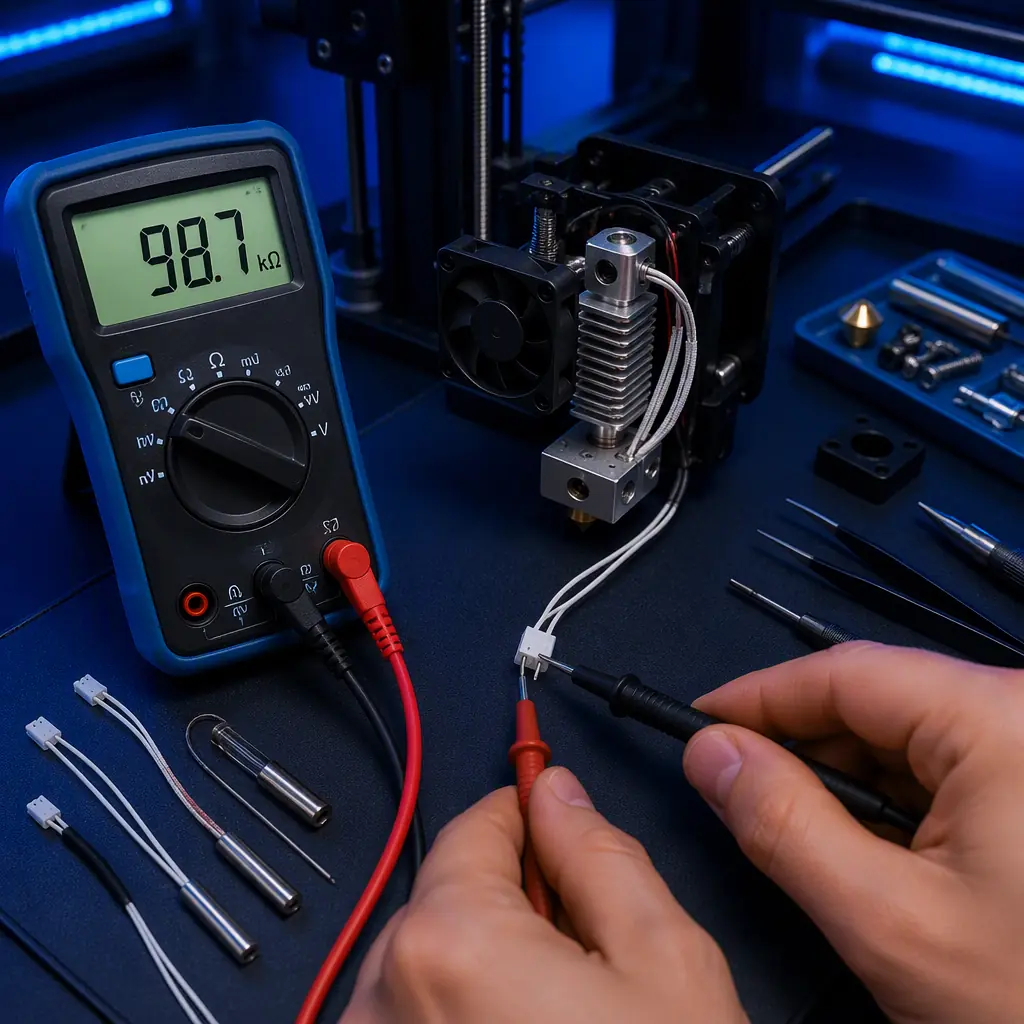 Multimeter measuring resistance across thermistor connector, digital display showing 98.7k ohms at room temperature, 3D printer hotend assembly on workbench with sensor wires exposed, technician's hands in frame, electronics repair setting