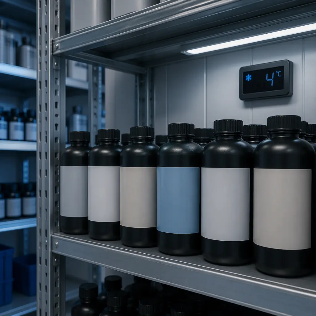 Bottles of photopolymer resin on a warehouse shelf with a temperature sensor, cool industrial lighting