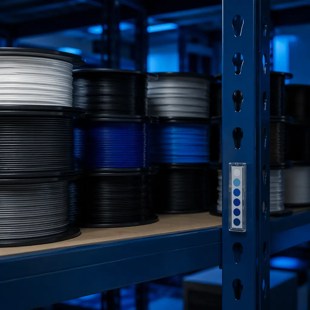 Engineering-grade filament spools on a warehouse shelf with a humidity indicator, dark navy industrial lighting