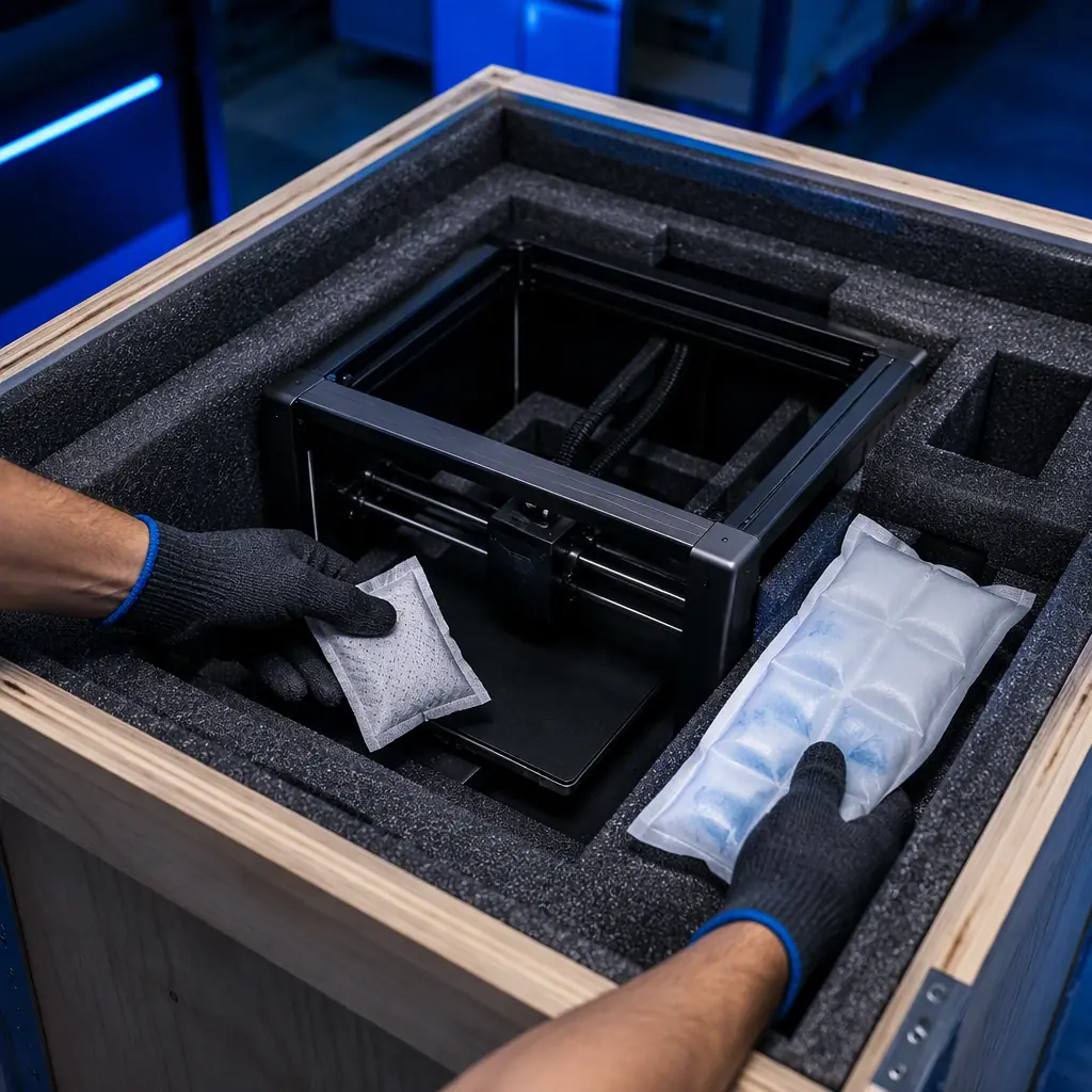 Hands packing a desiccant sachet and a warm-phase pack into a foam-lined crate holding a 3D printer
