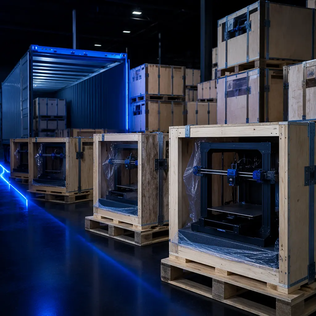 3D printers packed in shipping crates in warehouse distribution center, pallets labeled for different export regions, industrial logistics setting, electric blue accent lighting on dark navy background, professional commercial photography