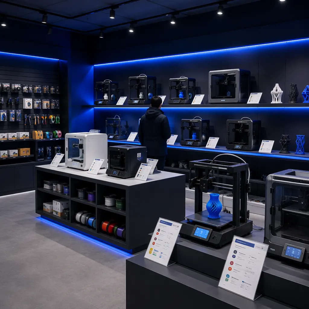 3D printer showroom with multiple printer models on display shelves, product comparison cards visible, customer browsing, professional retail environment, dark navy walls with electric blue accent strips