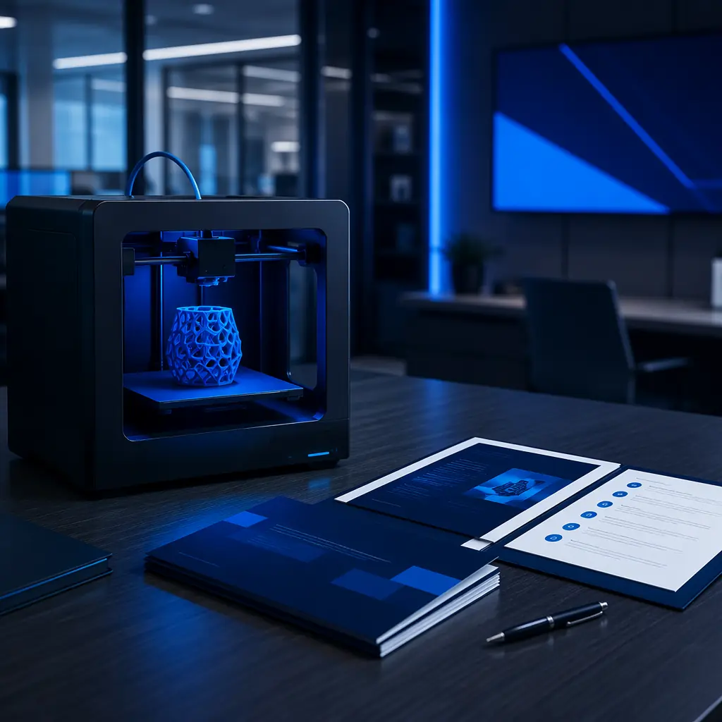 3D printer on desk in modern office, sales proposal documents next to it, professional B2B sales environment, deep navy and electric blue color scheme, clean tech aesthetic