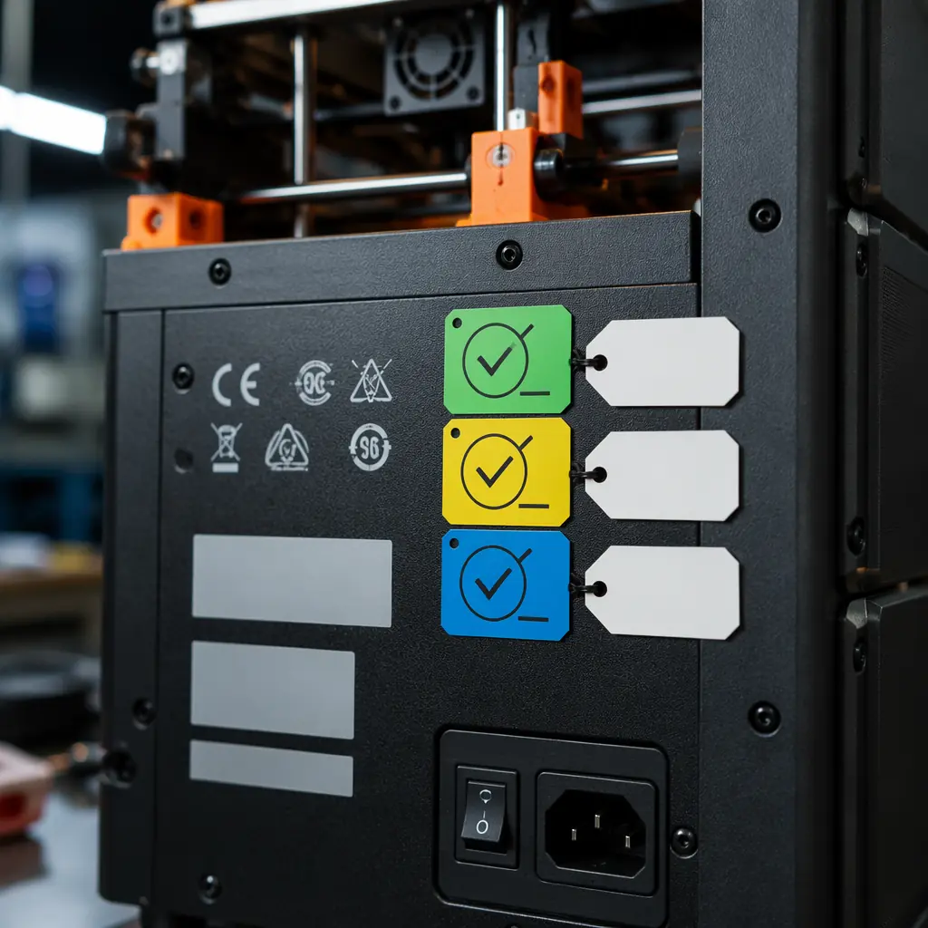 Close-up of 3D printer with certification labels and quality inspection tags on back panel, macro photography, workshop lighting, industrial precision aesthetic