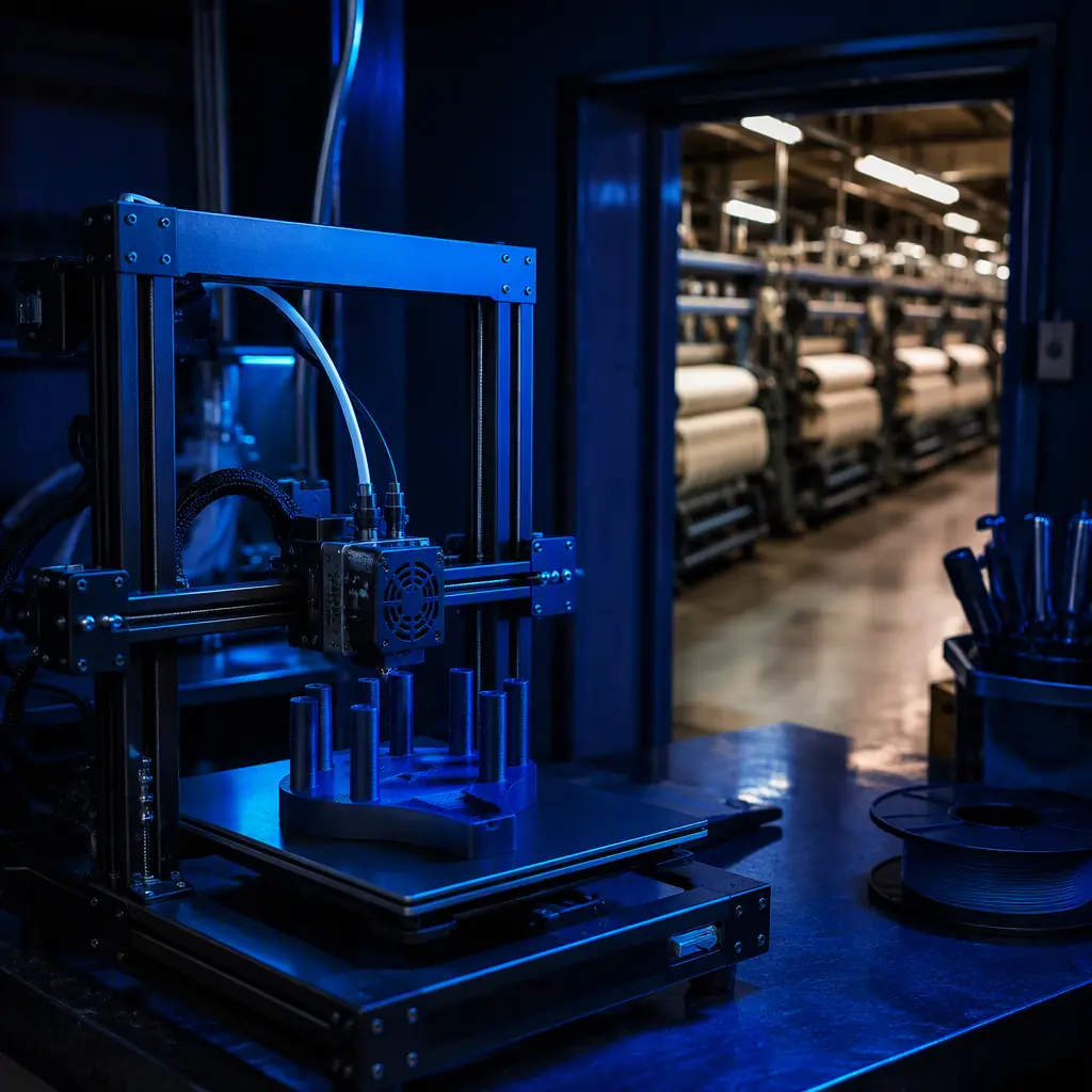 FDM 3D printer in a textile mill toolroom printing a bobbin holder, rows of air-jet looms visible through the workshop door
