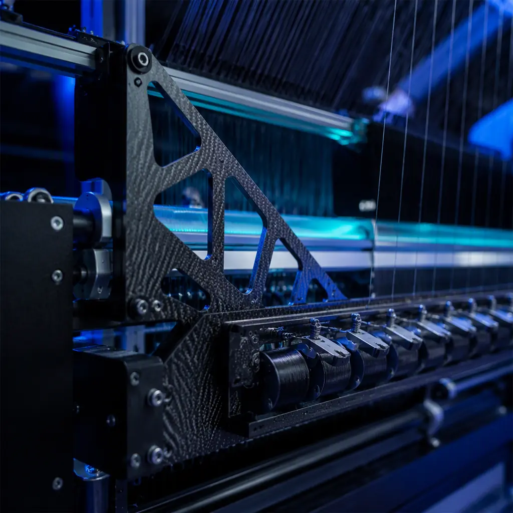 Printed PA-CF heald frame component and bobbin holder on a loom at an air-jet weaving mill, yarn tensioners in background