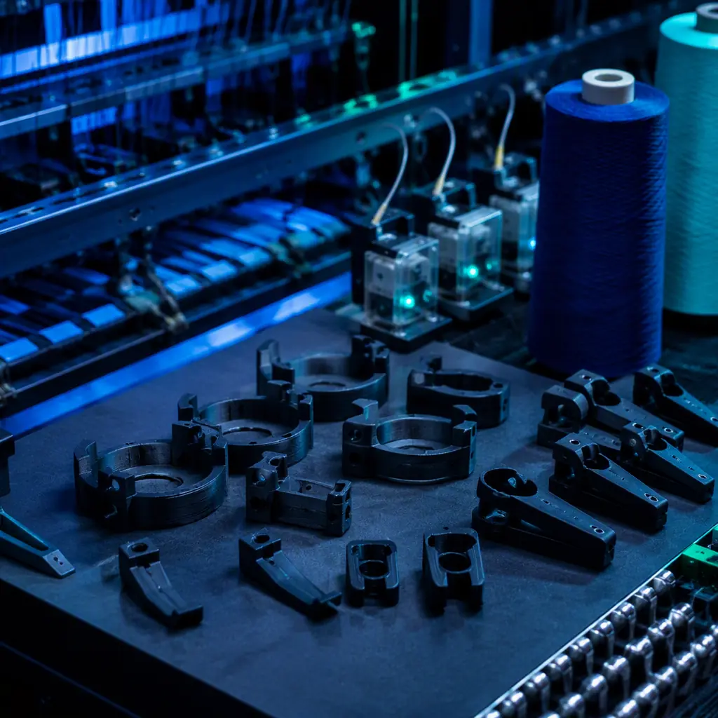 PETG bobbin holders and creel guides arranged on a maintenance workbench in a weaving mill, yarn cones and thread break detectors nearby