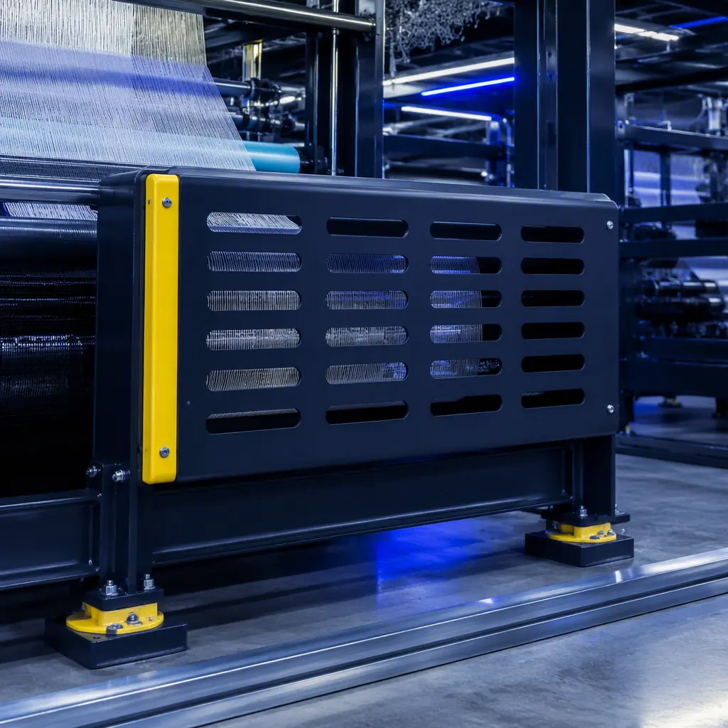 Printed ASA machine guard and TPU anti-vibration mounts fitted to a textile machine frame, safety yellow accents, mill floor lighting