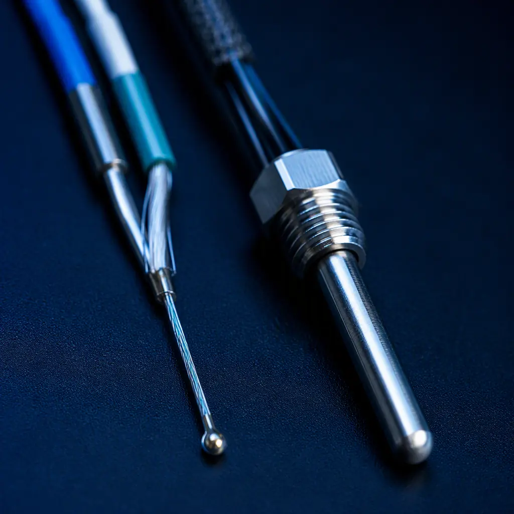 Macro photograph of a bare wire thermocouple bead and a ceramic-cased PT100 cartridge sensor side by side on a dark engineering workbench