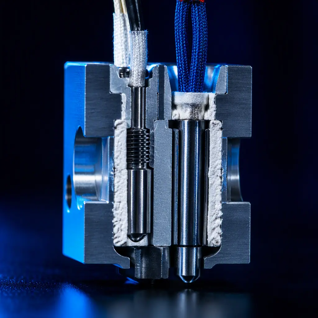 Macro photograph of a thermistor bead and heater cartridge installed in an aluminium hotend block, with wiring sleeving visible on a dark workshop bench