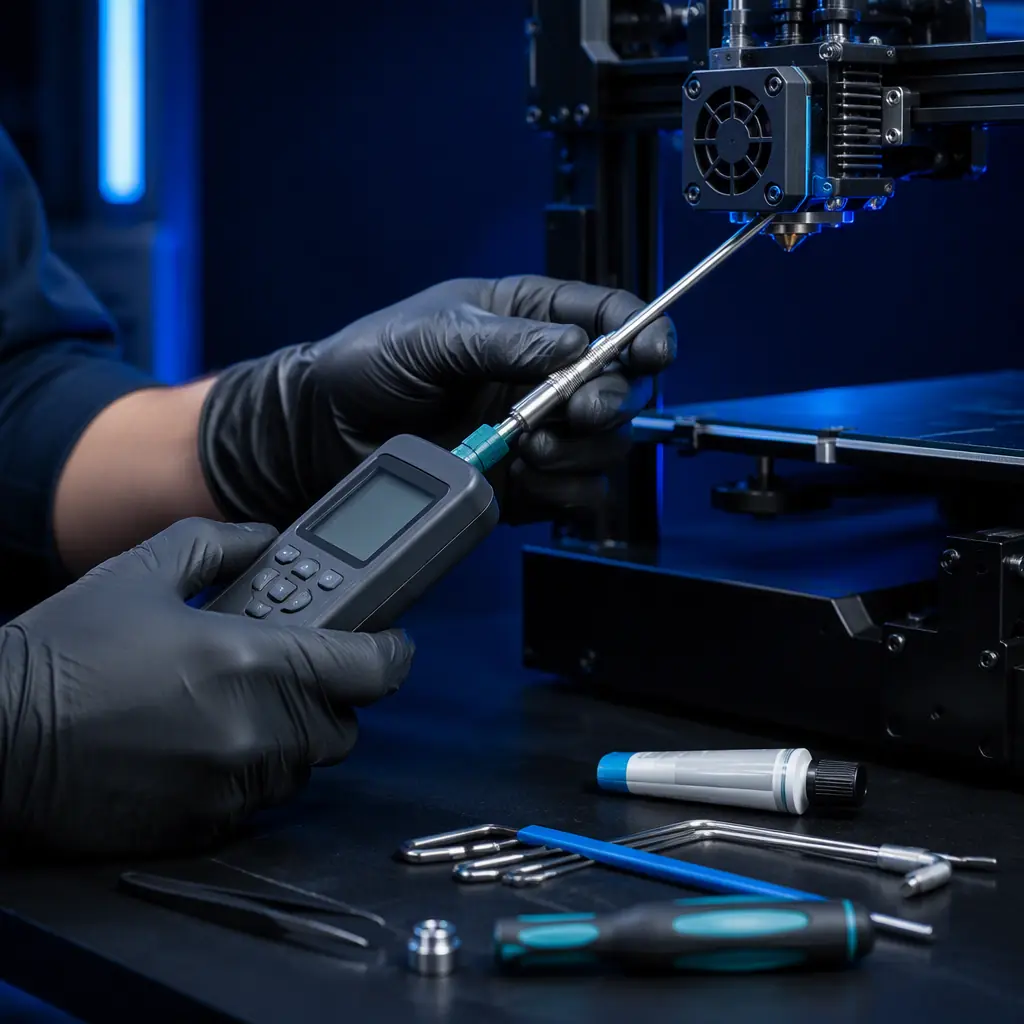 Service technician's hands using a calibrated reference thermometer probe to measure a 3D printer hotend temperature on an open machine, tools laid out on a bench