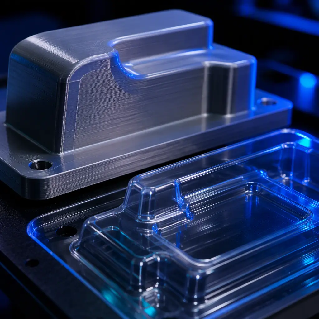 Macro close-up of a 3D printed vacuum-form plug tool beside a formed clear plastic tray on a dark thermoformer bench, smooth release surface with visible fine layer lines, cold industrial lighting with electric blue accent, deep navy ambient, no text, no logos