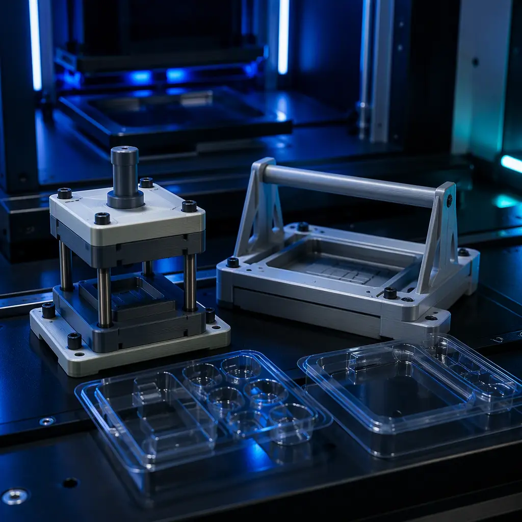 3D printed blister-forming tool and tray former beside clear formed packaging trays on a dark thermoformer bench, cold industrial lighting with electric blue accent, deep navy ambient, no text, no logos