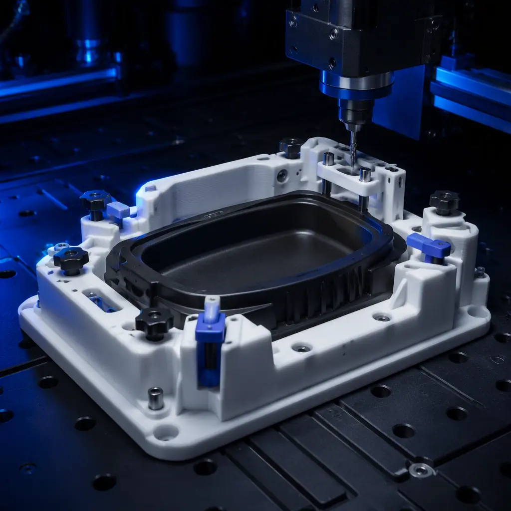3D printed trim-nest jig and drilling guide holding a formed plastic tray against a dark CNC router bench, precision machining context, cold industrial lighting with electric blue accent, deep navy ambient, no text, no logos