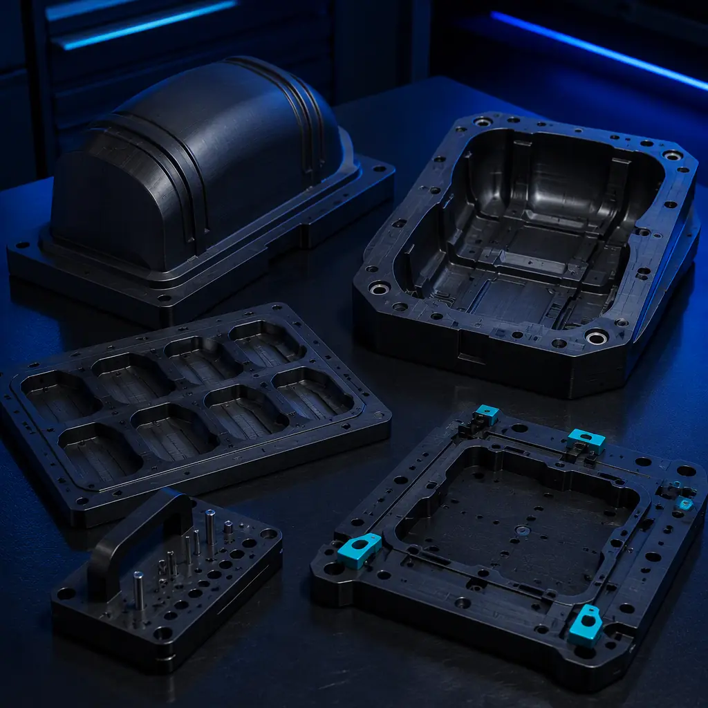 Array of 3D printed thermoforming tooling on a dark bench: vacuum-form plug, female form mould, blister tool, trim-nest jig, drilling guide, cast in matte black reinforced polymer with a subtle teal brand-free accent, deep navy background, precision engineering lighting, no text, no logos
